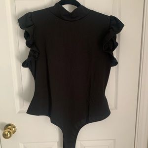 Black Boohoo Bodysuit with Ruffle Sleeve
